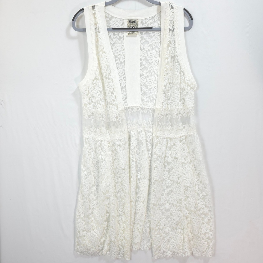 Vocal Lace Duster Vest Sleeveless Open Front Long L CardiganWhite Boho Fairycore